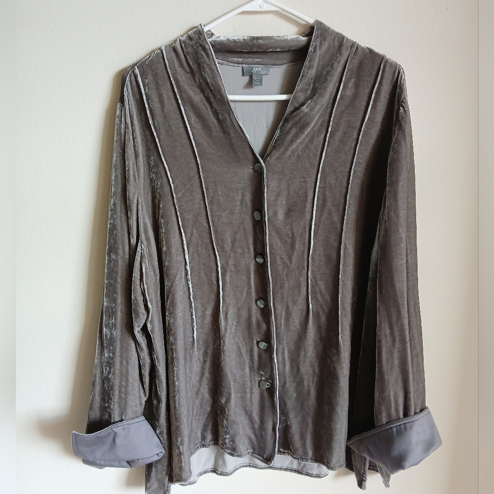 J. Jill Red Crushed Velvet Silk Blend Button up Blouse